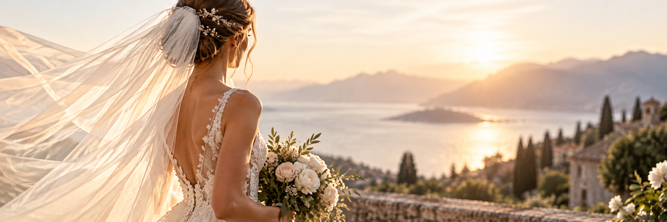 Sposa con velo e abito in pizzo al tramonto, affacciata su un lago